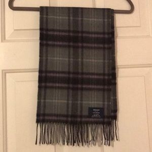 Grey, pink, and blue Johnstons cashmere scarf.